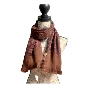 Brown Fringe Paisley Print Handmade Pure Silk Scarf OS